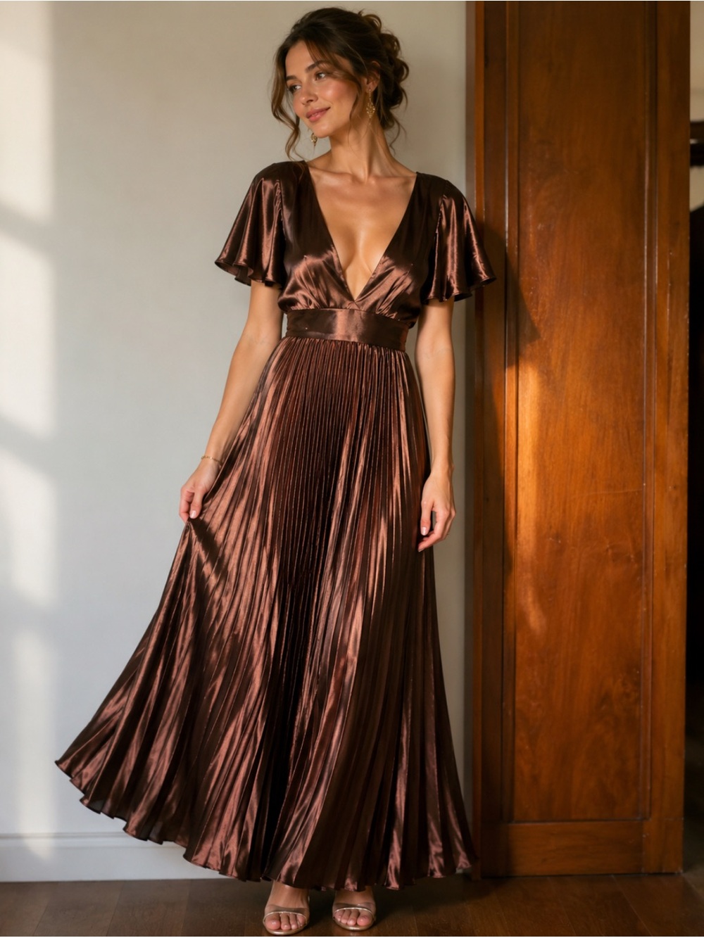 Women’s Brown Satin Pleated V-Neck Dress size L Originally $129